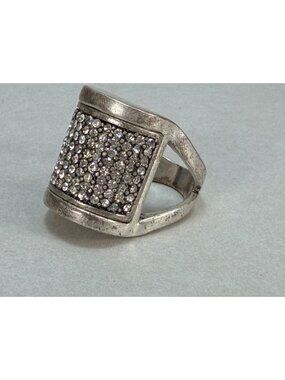 Vintage Modernist Silver Tone Pave Rhinestone Wide Statement Cocktail Ring Glam